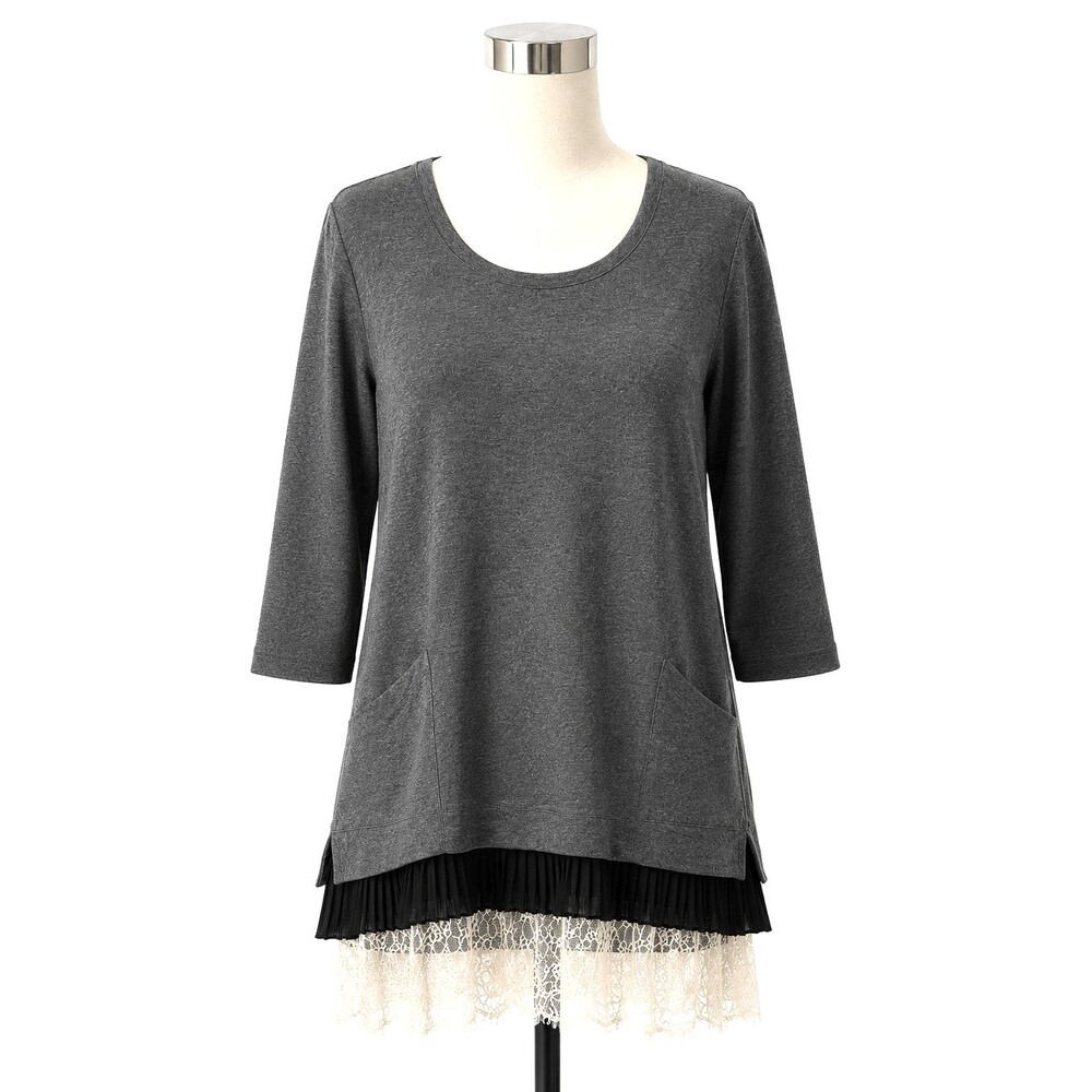 LOGO Lori Goldstein Top Size 1x Grey Pockets Lace Trim Artsy Classic Plus Women